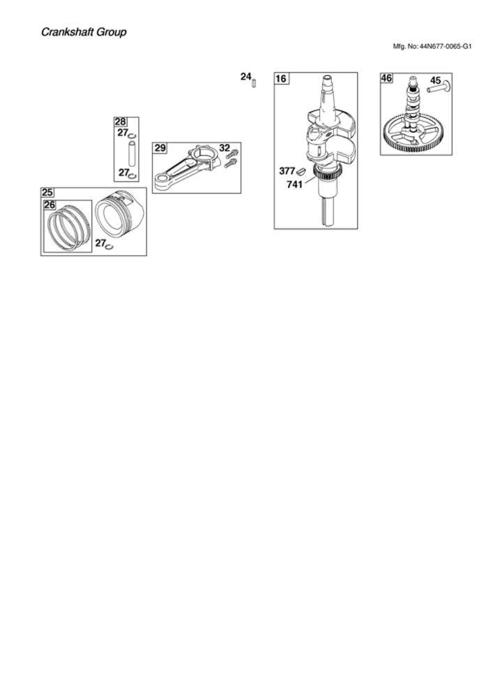 Crankshaft Diagram and Parts List for 44N677-0065-G1  Briggs and Stratton Engine